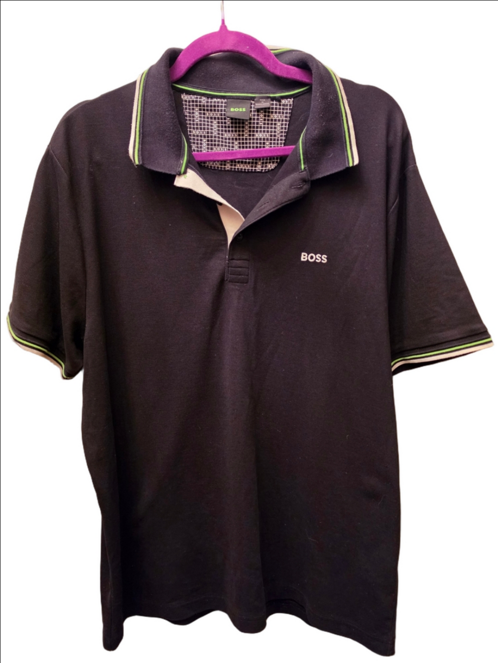 BOSS Hugo Boss XXL Black Polo Shirt Green Stripe Logo Cotton Pique Mens